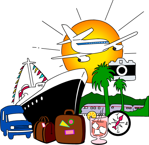 The illustration depicts a sunny day with various travel items such as an airplane, car, buses, suitcases, palm trees, beach umbrella, clock tower in background, all under blue sky and bright sunlight.