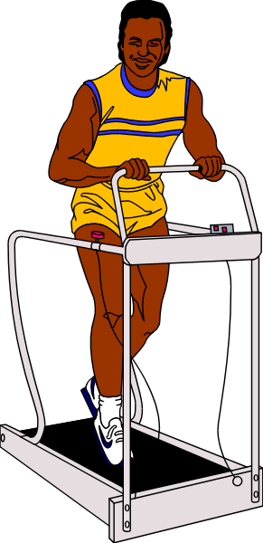 The black and white illustration shows a man on an elliptical machine at what appears to be a gymnasium with weights in each hand. He is wearing shorts and sneakers while exercising. There's no text present, so there aren't any words or phrases that can be described here. This image focuses solely on the subject of exercise equipment usage by an individual within a fitness setting.