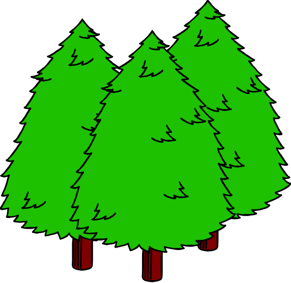 The image shows a black and white illustration of three pine trees against an unseen background.