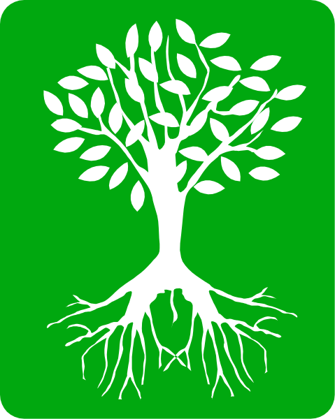 The image shows a green tree with roots inside an outline of its trunk against a white background within a square frame.