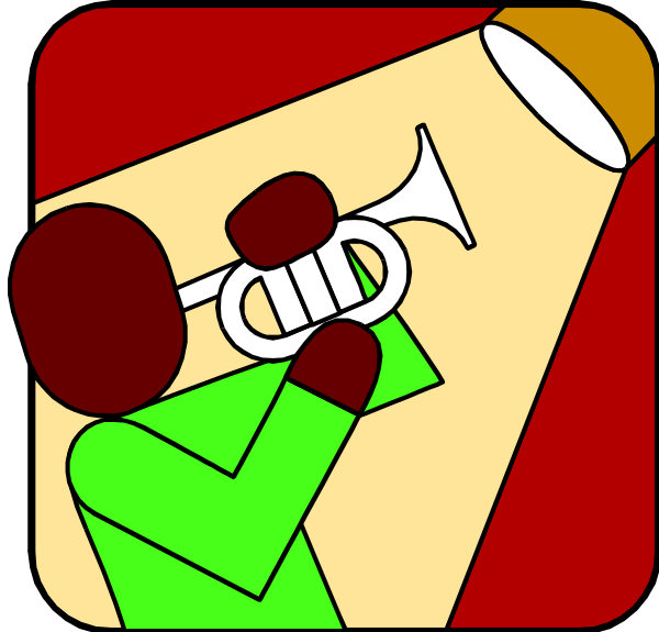 The image shows a cartoon of an adult playing a trumpet with their hands on it while standing next to what appears to be a microphone stand in front of them.