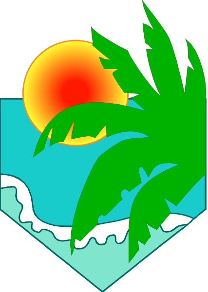 The image shows a stylized beach scene with palm trees on either side of an orange sunset over water under what appears to be blue sky during daylight hours; there is no text present in this clip-art illustration.
