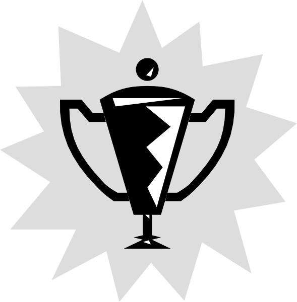 The image shows a black and white logo with two distinct designs: on top is an emblem featuring what appears to be a trophy-like object adorned by rays of light; below it is another design that resembles a shield, also decorated with similar ray patterns but without the central motif.