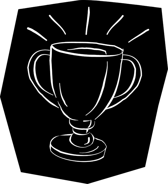 The black and white illustration shows a trophy with two handles on top of it placed against a dark background; there is no text present in this image.