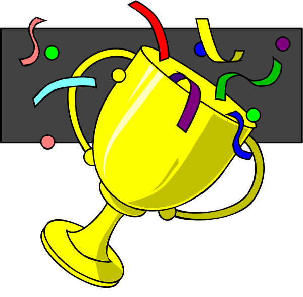 The image shows a cartoon depiction of an award trophy with confetti around it on top of what appears to be a podium in front of a dark background.