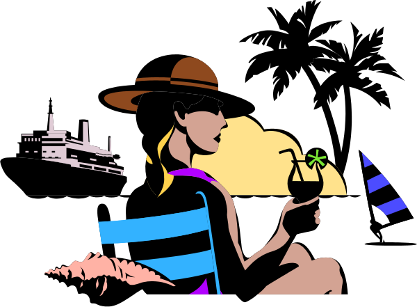 The image shows a cartoon of an animated character sitting on a bench with their legs crossed at the knees while holding what appears to be a drink in one hand; behind them is another figure standing near some buildings, and there's also a small boat visible above this scene.