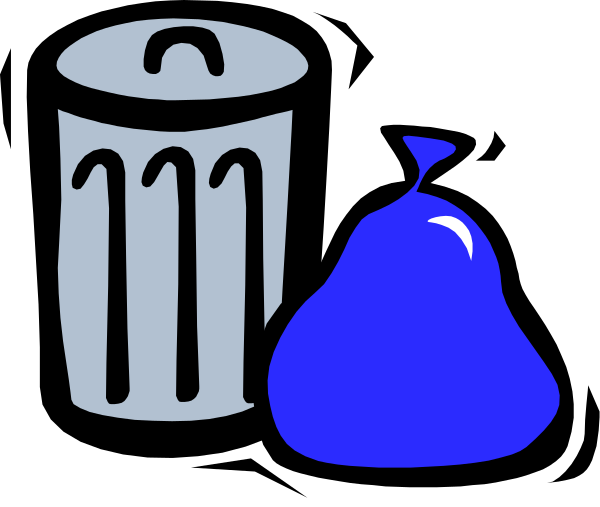 The image shows a trash can on its side next to an overflowing garbage bag with blue liquid spilling out onto what appears to be a black surface in front of it; there is also a small icon-like representation of three pieces of paper, which could represent money or tickets, and the number 12. There are no people, animals, actions, or specific settings depicted here. The image has an illustrative style with simple shapes and lines to convey its message.