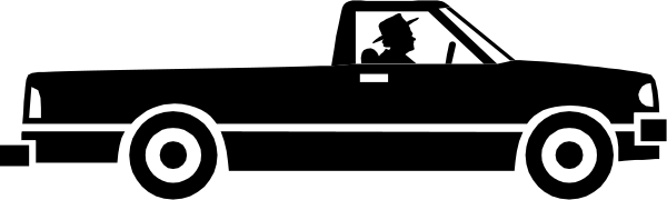 The image shows a black truck with white wheels driving on an unseen road against a gray background.