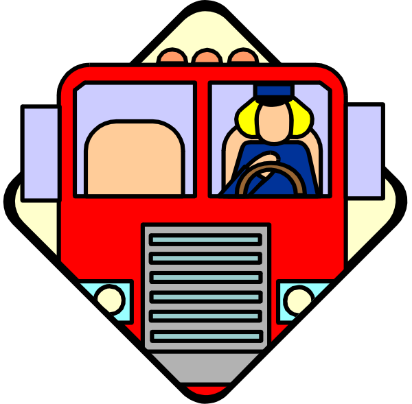 The image shows a red fire truck with two figures inside: an adult driver on the left side of the vehicle facing forward and another figure seated behind them also looking ahead but in profile view.