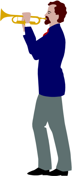 The image shows a cartoon of an older man playing a trumpet while standing on stage with his back to us; he is wearing a blue suit jacket over a red shirt and has gray hair.