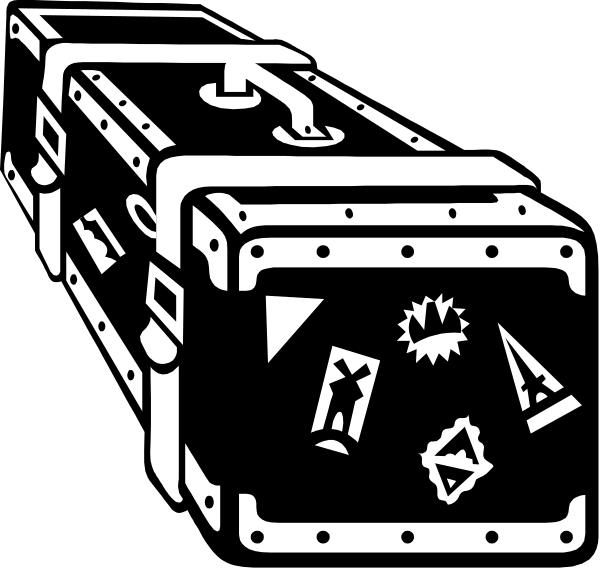 The black and white illustration shows a suitcase with various items inside it such as an anchor, compass rose, ship's wheel, treasure chest icon, keyhole symbol, lightning bolt signifying danger, skull crossbones indicating piracy, and other miscellaneous objects that suggest adventure or exploration.