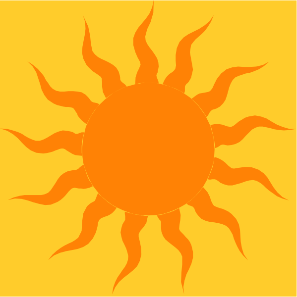 The image shows a bright yellow sun with rays extending outward against an orange background on top of which there is a smaller depiction of another similar sun in black outline form.