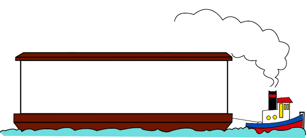 The image shows a cartoon of an old steam locomotive with smoke coming out of its stack on tracks next to water, suggesting it's near a river or lake.
