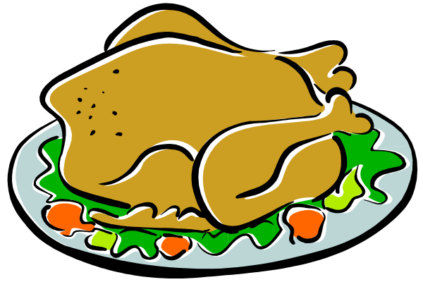 The image shows a cartoon of an oven roasted turkey with stuffing on top placed next to a plate filled with vegetables such as carrots and broccoli in what appears to be a festive holiday setting, possibly Thanksgiving dinner preparation or presentation.