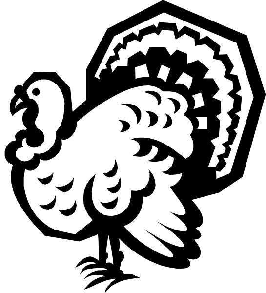 The black and white silhouette of a turkey with its wings spread out against an abstract background.