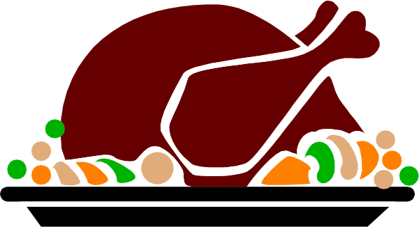 The image shows a cartoon depiction of an uncooked turkey with stuffing on top placed next to what appears to be vegetables in preparation for cooking.