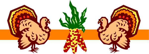 The image shows a cartoon of three turkeys with green leaves on their heads standing next to each other against an orange background; there is no text present in this small clip-art image.