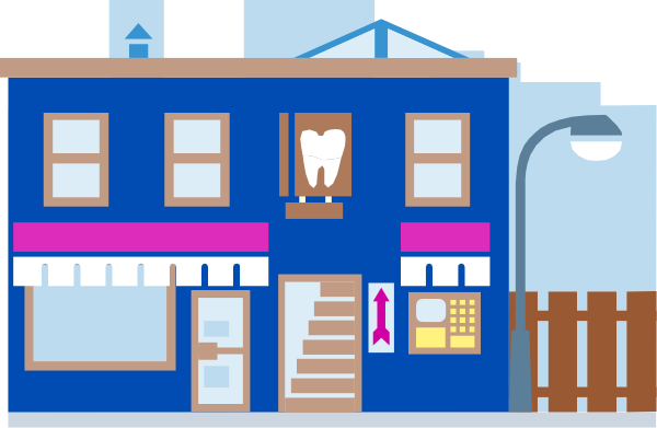 The image depicts a stylized street scene with buildings that have signs on them indicating businesses such as "dentist" and "pharmacy." There is also an ice cream shop visible in front of one building, which has two scoops displayed outside it. A tree can be seen to the left side of the image near a lamp post. The street appears quiet with no people or vehicles present at this moment.