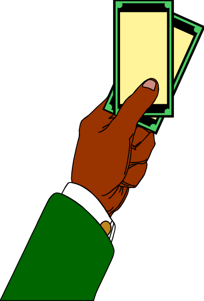 The illustration shows a hand holding two pieces of paper with numbers on them against a dark background; it is styled as clip-art.