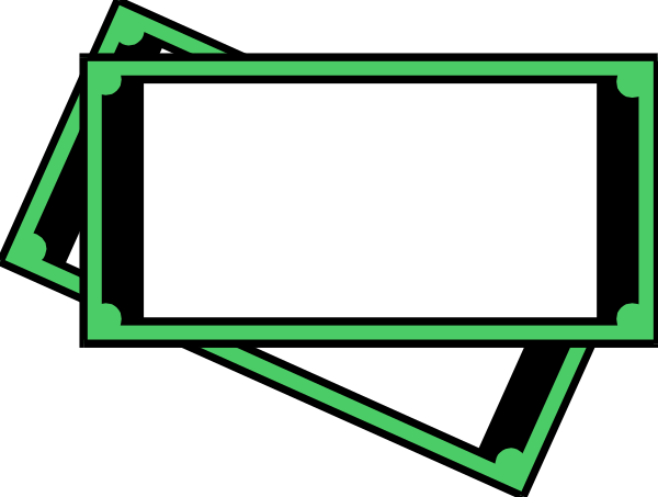 The image shows a black square with two white rectangles inside it on top of each other against an abstract background that resembles paper money notes being folded upwards from bottom to top in front of them.