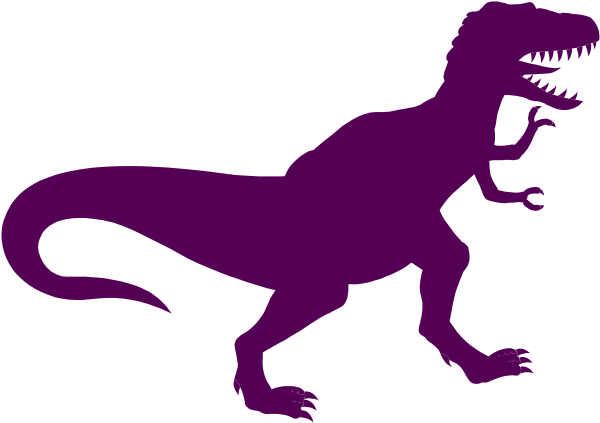 The image shows a purple dinosaur silhouette with an open mouth on what appears to be a black background.