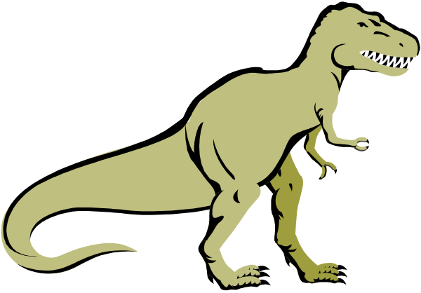The image shows a cartoon of an adult Tyrannosaurus Rex standing on two legs with its arms outstretched as if walking upright in front of what appears to be another dinosaur that is smaller and also depicted in profile, facing away from us; both are set against a dark background.