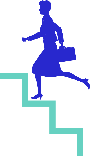 The image shows a black silhouette of an adult woman walking down stairs with her right leg raised as if she is in mid-step on each step. She has short hair, wears glasses, carries what appears to be a briefcase and handbag, and holds onto a railing for support while descending the stairway. The background consists of two shades of gray that create an optical illusion effect with black lines forming steps behind her.