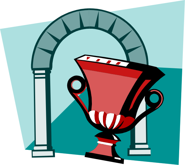 The illustration shows a stylized archway with an Olympic trophy placed on top of it within what appears to be a sports-themed environment.