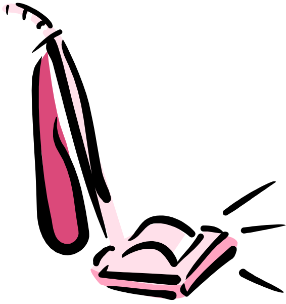 The black and white illustration shows a pink vacuum cleaner with an attached red dust bag on its side against a dark background.