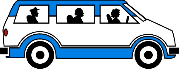 The image shows a blue van with white stripes parked next to an ice cream truck on what appears to be a street scene in black-and-white clipart form.