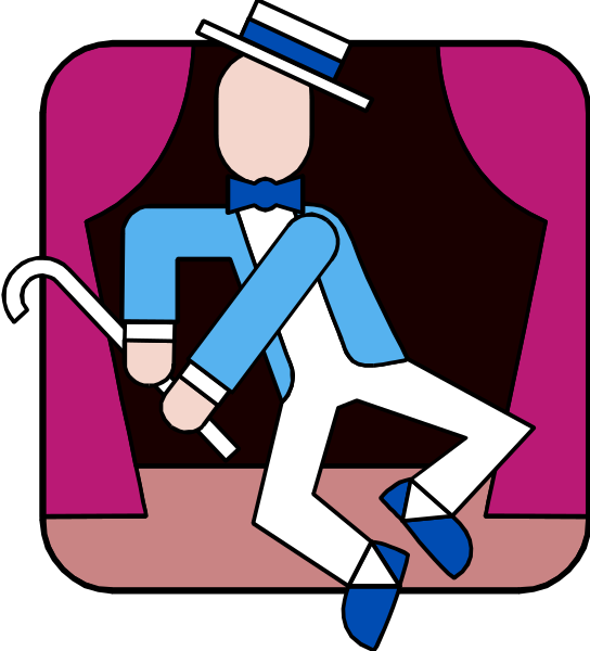 The image shows a cartoon of an animated character dressed as a clown sitting on stage with his legs crossed over each other while holding a cane in one hand.
