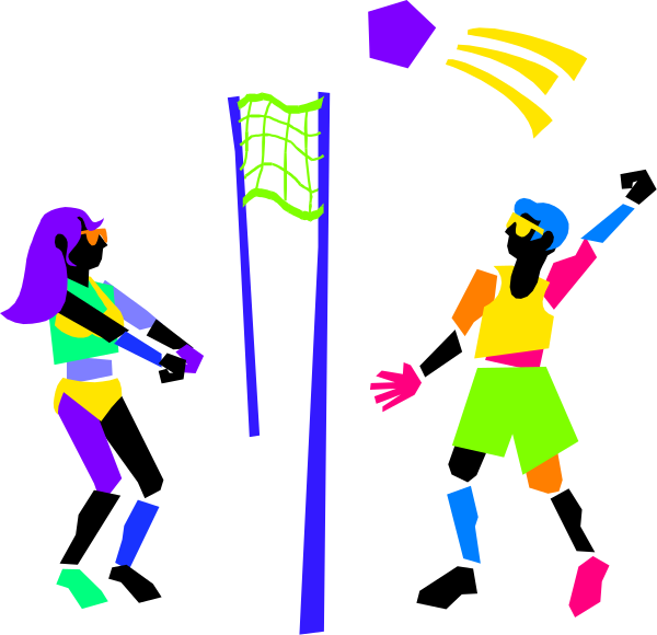 The image shows a black background with two colorful figures that appear to be stylized humanoid shapes engaged in an activity resembling volleyball; one figure is holding what looks like a net while another appears ready for action, possibly serving or spiking. There's no text present on the clip-art image.