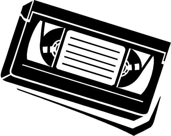 The black and white illustration shows a VHS tape with an open cover revealing blank film inside it on top of what appears to be another object that could possibly be a cassette player or similar device.