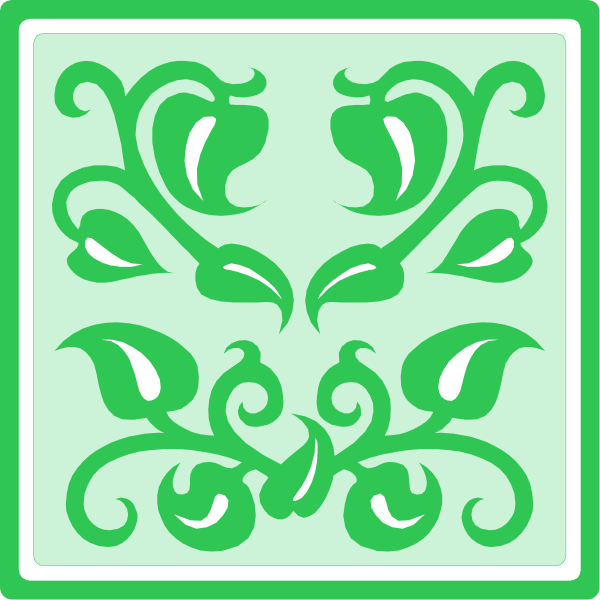 The image shows a black background with two green leaves on either side of an intricate design that resembles a stylized plant pattern in white lines against the dark backdrop.