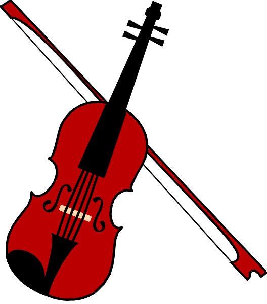 The image shows a red violin with its bow resting on it against a black background.