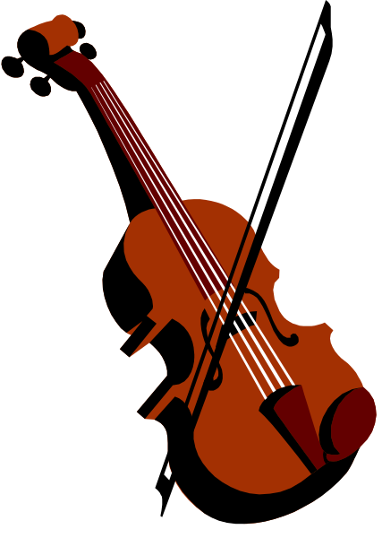 The image shows a violin with red strings against a black background on the left side of an otherwise white square frame.