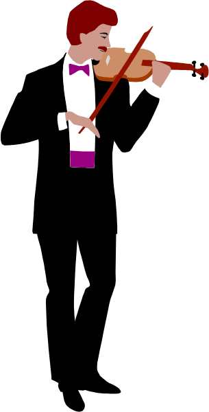 The image shows a cartoon of an animated character playing violin on stage with purple hair wearing glasses.