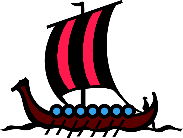 The image shows a stylized depiction of an ancient ship with red sails on it against a black background.