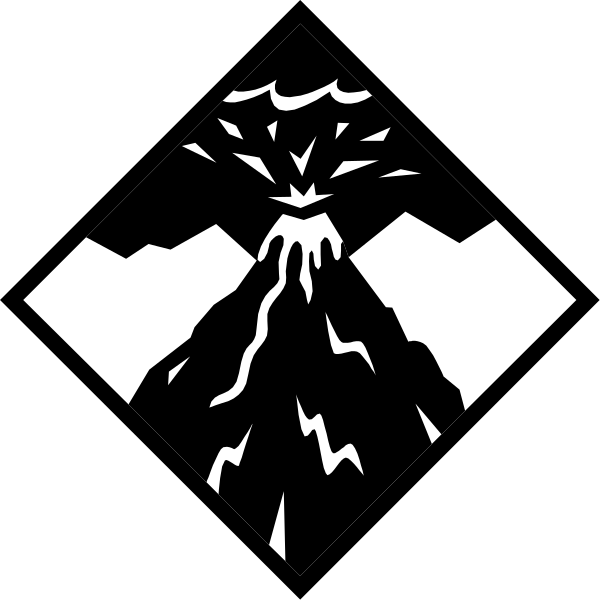 The black and white silhouette of a volcano eruption with lava flowing down its sides next to mountains in an outdoor scene.