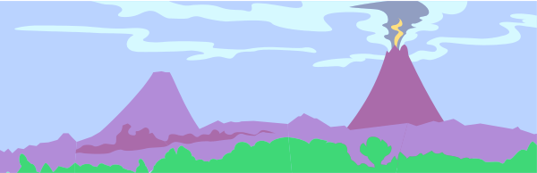 The image shows a stylized landscape with mountains on either side of what appears to be an island, featuring two volcanoes in different states: one is erupting while another has smoke rising from it; there's also water and clouds depicted around these features.