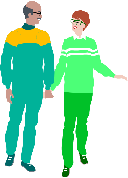 The image shows a man wearing glasses standing next to an older woman with her arm around him; both individuals appear happy as indicated by their smiles. They seem to be in motion due to the blurred background that suggests movement, possibly dancing together against this backdrop.