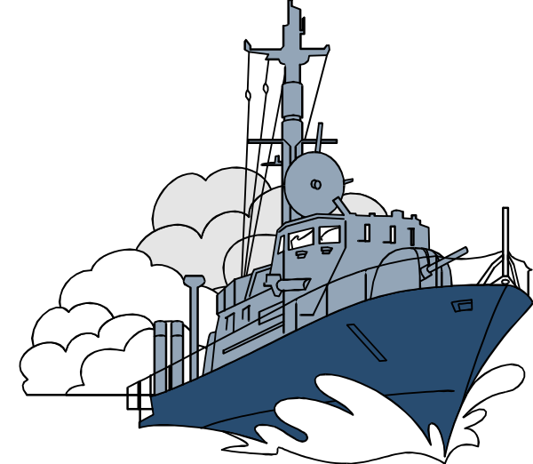 The image shows a cartoon of an animated boat with waves around it on water against a dark background.