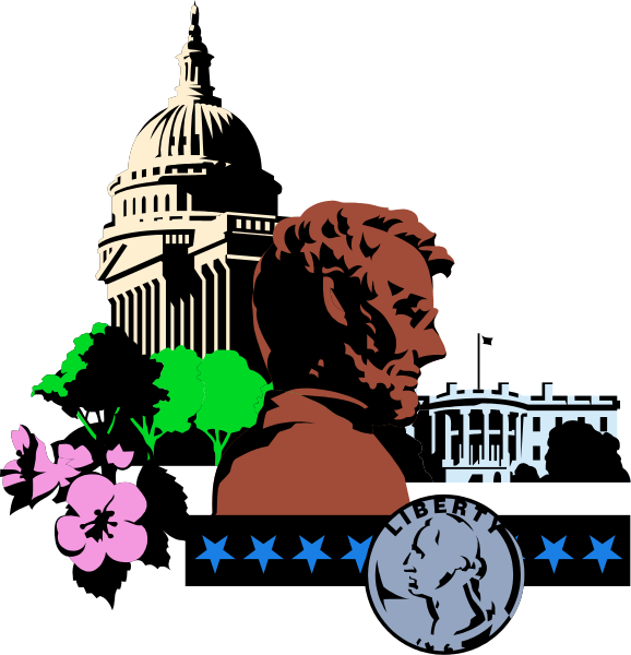 The image shows a black and white illustration of two iconic American landmarks: on top is an illustrated version of Mount Rushmore with four presidential faces; below it is Washington Dulles International Airport, identifiable by its distinctive architecture featuring arches over three terminals.