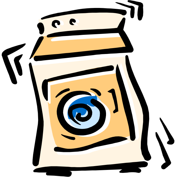 The image shows a cartoon of an open laundry detergent packet with blue swirls inside it against a black background.