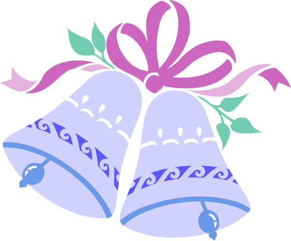 The image shows a collection of three bells with purple ribbons tied around them against a black background; there is no text present in this clip-art illustration.