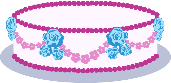 The image shows a colorful cake with pink frosting on top of it placed against a white background that has blue flowers around its base.