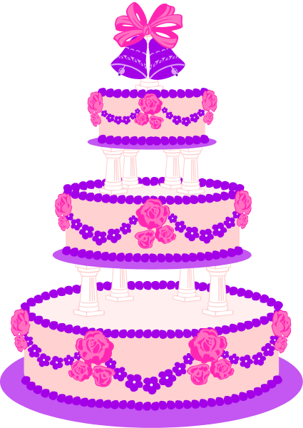 The image shows a three tiered wedding cake with pink frosting on top of each layer, purple flowers as decoration around it, and white columns in between tiers.