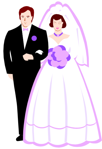 The illustration depicts a man and woman dressed formally; he wears tuxedo attire with a bow tie while she is in bridal gown regalia holding flowers. They appear to be posing for an event, possibly their wedding day given her dress style.