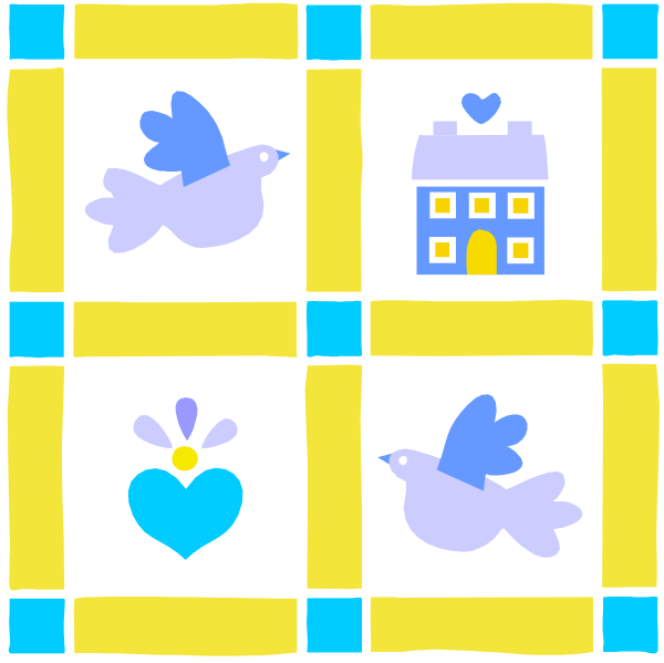 The image shows a collection of four square tiles with various symbols: on top left is an illustration of two birds flying above each other; bottom right features a blue house next to a yellow heart symbolizing love, and below it there's a white dove carrying an olive branch in its beak. On the bottom left tile, we see three hearts forming a triangle with one atop another, suggesting affection or celebration. The top center square contains two birds sitting on branches of trees; lastly, the bottom right has four flowers blooming together under what appears to be sunlight rays eman