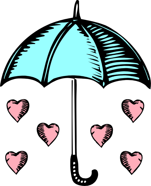 The black and white illustration shows an umbrella with a heart pattern on it against a dark background.